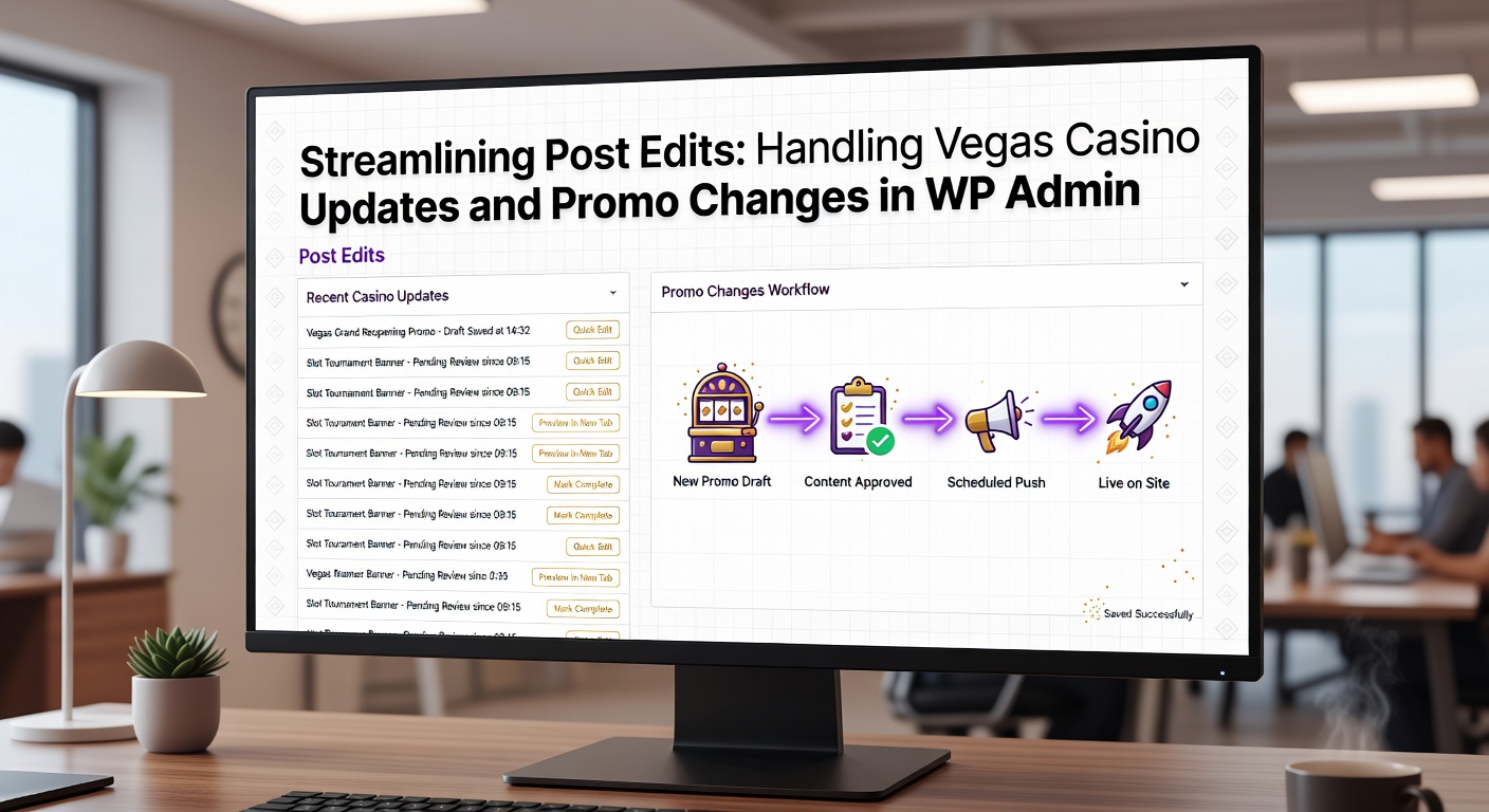 Close-up of WordPress Quick Edit panel open on a Vegas casino post, displaying fields for promo code updates, expiry dates, and bonus terms amid a busy admin interface