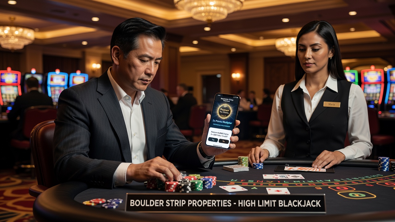 High-stakes blackjack table with players checking mobile loyalty app notifications at Boulder Station