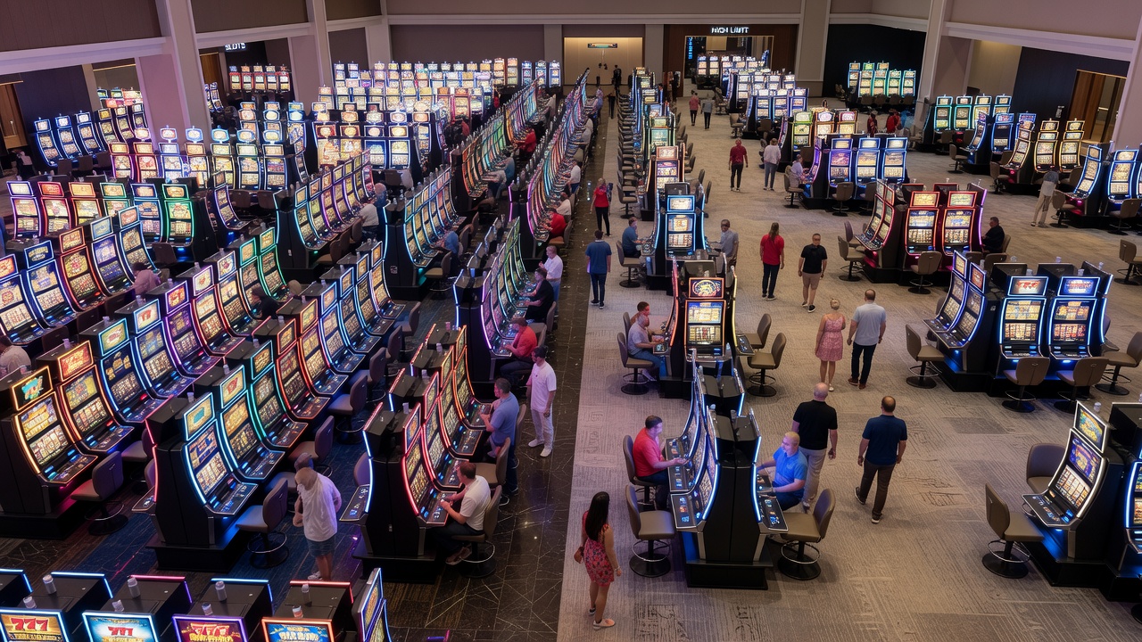 Close-up of slot machine rows with directional signage influencing movement in a Las Vegas gaming area