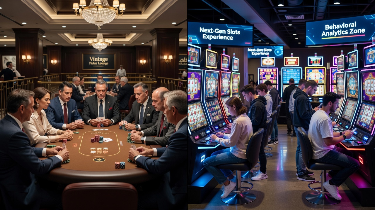 Busy Las Vegas slot machine area with diverse players at various machines
